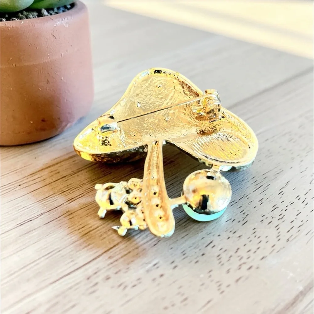 Mint Green Enamel Mushroom Brooch with Faux Pearl &‎ Rhinestones